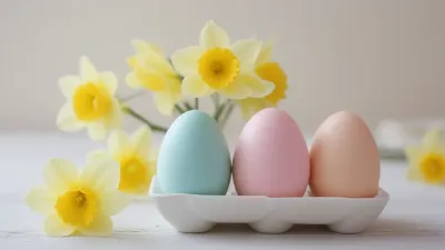 Pastel Eggs with Daffodils in Soft Light - Easter - AI generated image
