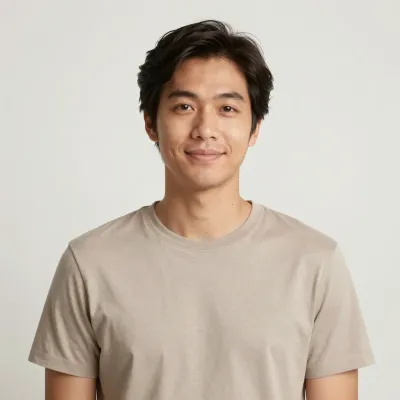 Man Smiling in Soft Beige T-Shirt - Portrait - AI generated image