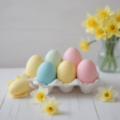 Pastel Eggs in Carton with Daffodils - Easter - AI generated image