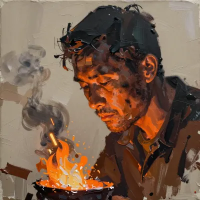 Distressed Figure Amidst Flames and Smoke - Art - AI generated image