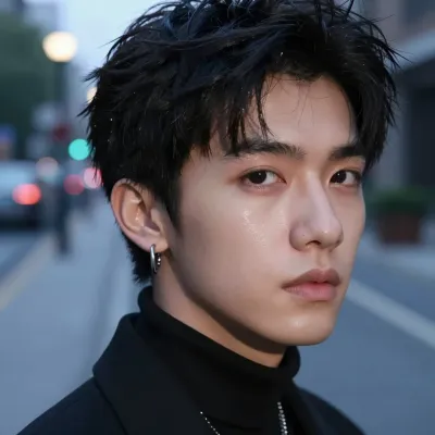 Young Individual with Short Dark Hair in Urban Evening - Portrait - AI generated image