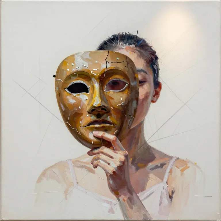 Person with Cracked Mask in Soft Light - Portrait - AI generated image