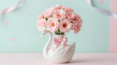 Ceramic Swan Vase with Pink Cherry Blossoms - Decor - AI generated image