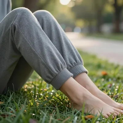 Feet and Lower Legs in Gray Sweatpants on Lush Green Grass - People - AI generated image