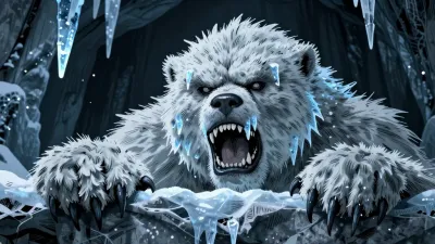 Icy Cave Yeti Roaring in Frosty Grotto - Fantasy - AI generated image