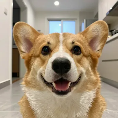 Corgi Stretching Face in Modern Kitchen - Animal - AI generated image