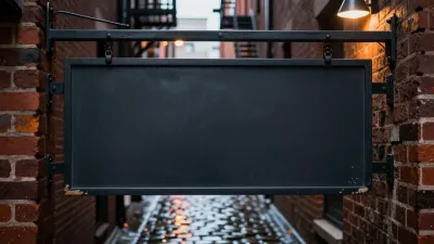 Blank Signboard Hanging in Brick Alley - Architecture - AI generated image