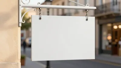 Blank White Sign Hanging from Bracket - Urban - AI generated image