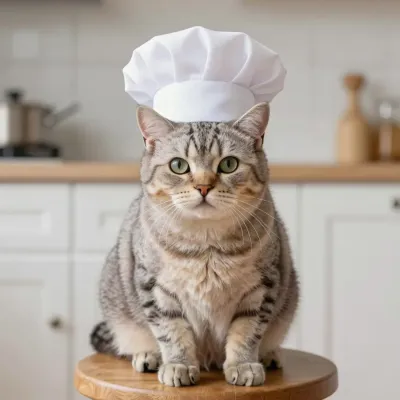 Tabby Cat Wearing Chef's Hat in Kitchen - Animal - AI generated image