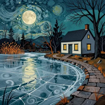 Frozen Pond with Cottage at Night - Architecture - AI generated image