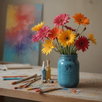 Bouquet of Daisies in Blue Mason Jar - Flowers - AI generated image