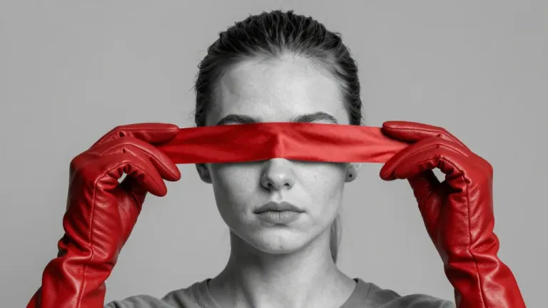 Woman with Red Tape and Leather Gloves - Fashion - AI generated image