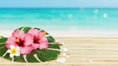 Pink Hibiscus Bouquet on Bamboo Mat - Flowers - AI generated image