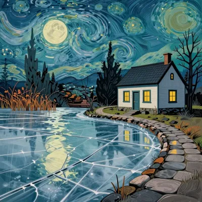 Frozen Pond Cottage Moonlit Reflection - Architecture - AI generated image