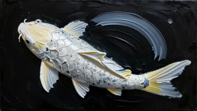 Glossy Koi Fish Swirling in Black Canvas - Fish - AI generated image