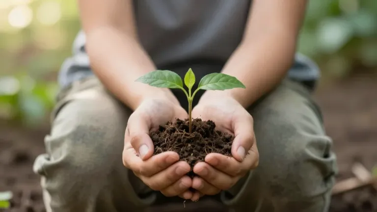 Hands Holding Small Green Plant in Soil - Nature - AI generated image