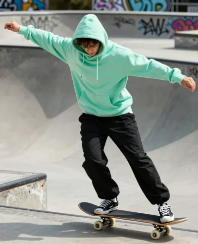 Skater in Mint-Green Hoodie Performing Trick - Action - AI generated image