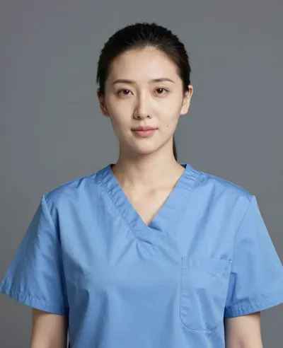 Calm Nurse in Light Blue Scrubs - Portrait - AI generated image