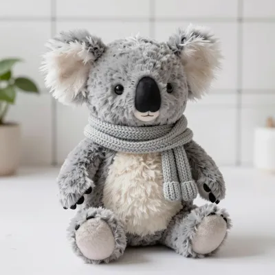 Plush Koala with Knitted Scarf on Tile - Plush - AI generated image