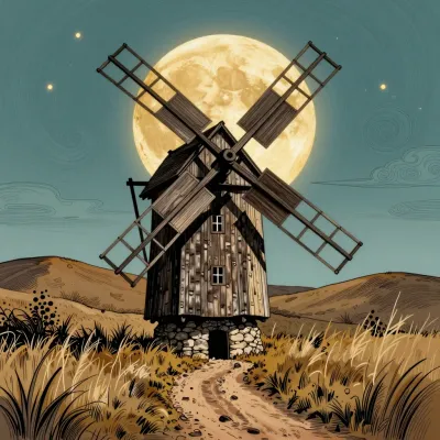 Crooked Windmill Under Full Moon - Architecture - AI generated image