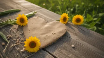 Sunflowers Resting on Burlap and Wood - Flowers - AI generated image