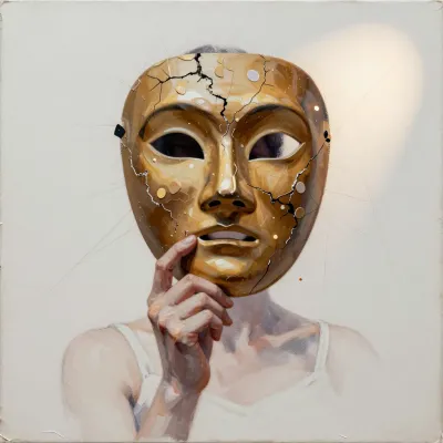 Golden Mask with Cracked Texture and Hand Gesture - Art - AI generated image
