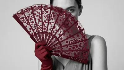 Woman Holding Burgundy Lace Fan - Fashion - AI generated image