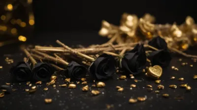 Black Roses with Golden Petals in Festive Setting - Flowers - AI generated image