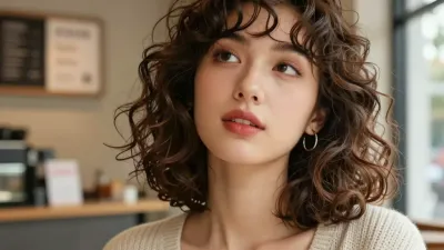 Curly-Haired Model in Light Sweater at Coffee Shop - Portrait - AI generated image