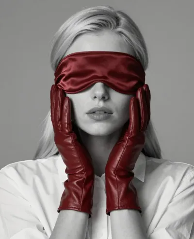 Blindfolded Figure with Crimson Leather Gloves - Fashion - AI generated image