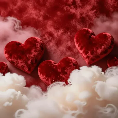 Glossy Red Velvet Hearts Dreaming Among Clouds - Romance - AI generated image