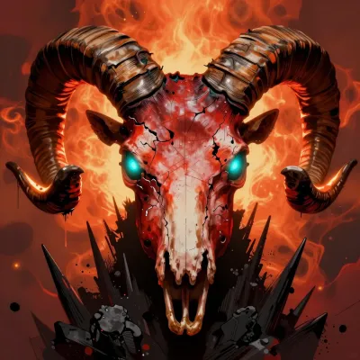 Ram Skull with Glowing Eyes in Fiery Inferno - Fantasy - AI generated image