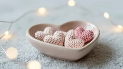 Knitted Hearts in Ceramic Dish with String Lights - Still Life - AI generated image
