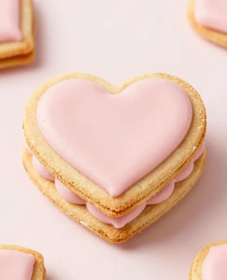Heart-Shaped Cookie Sandwich with Pink Frosting - Bakery - AI generated image