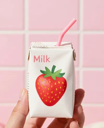 Hand Holding Glossy Strawberry Milk Carton - Food - AI generated image