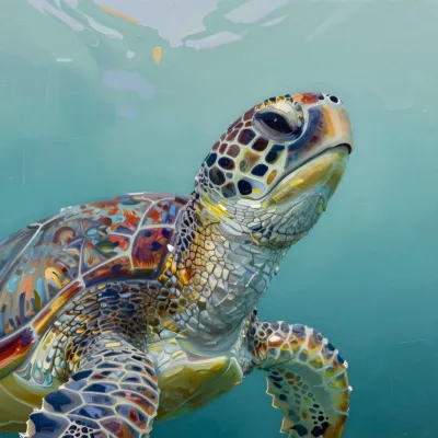 Mosaic Sea Turtle Portrait in Turquoise Water - Wildlife - AI generated image