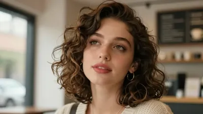 Woman with Curly Hair Gazing in Coffee Shop - Portrait - AI generated image