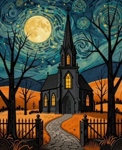 Moonlit Gothic Chapel in Autumn Landscape - Architecture - AI generated image