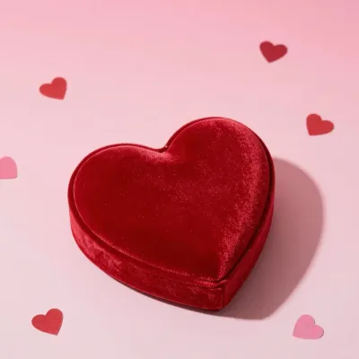 Red Velvet Heart Ring Box on Pink Background - Product Photography - AI generated image