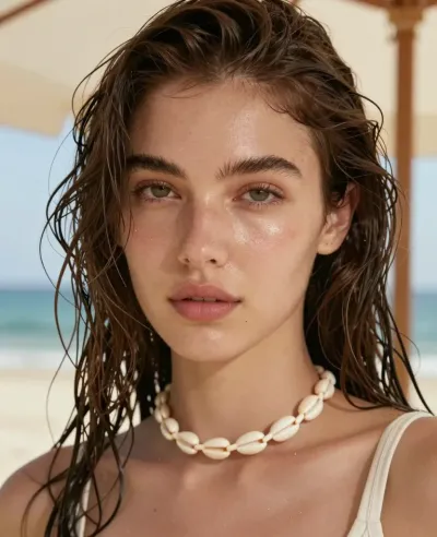Wet-Haired Model with Shell Necklace on Beach - People - AI generated image