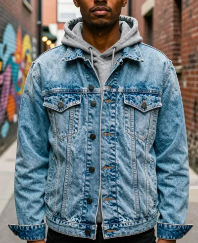 Man in Denim Jacket and Gray Hoodie in Urban Alley - Fashion - AI generated image