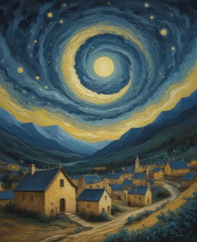 Starry Night Village Under Swirling Sky - Architecture - AI generated image