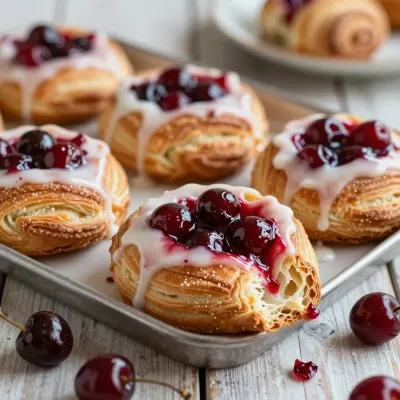 Cherry-Topped Danish Pastries with Icing - Bakery - AI generated image