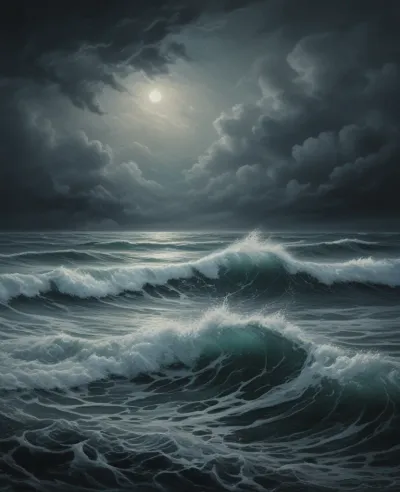 Crashing Waves Moonlit Sky - Seascape - AI generated image
