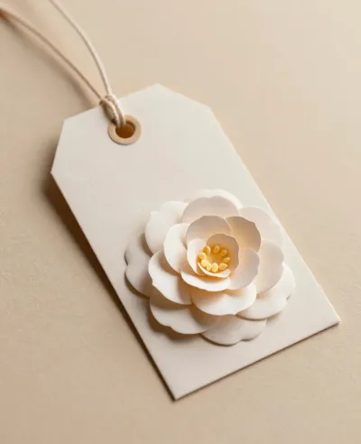 Paper Camellia Flower on Gift Tag - Flowers - AI generated image