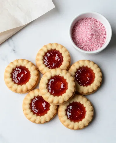Raspberry Thumbprint Cookies with Jam Filling - Baking - AI generated image