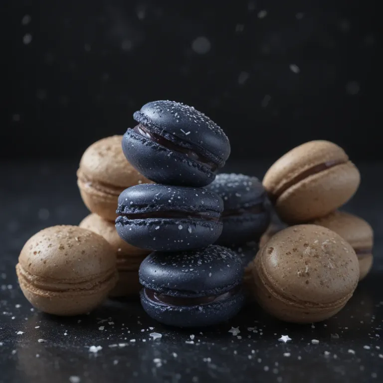 Dark Macarons Stacked with Golden Interior - Food - AI generated image