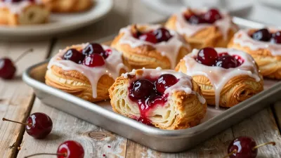 Cherry Danish Pastries Glazed with Warm Light - Food - AI generated image