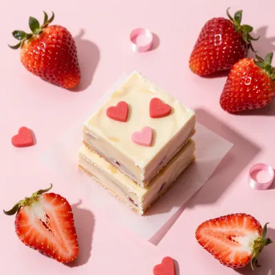 Fudge Squares with Pink Hearts on Pale Pink Background - Food - AI generated image