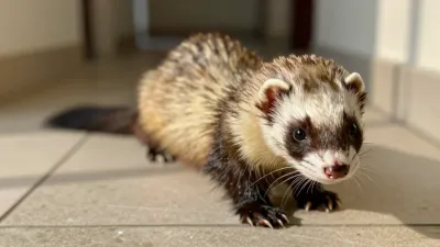 Ferret Stretching Front Paws in Golden Sunlight - Animal - AI generated image